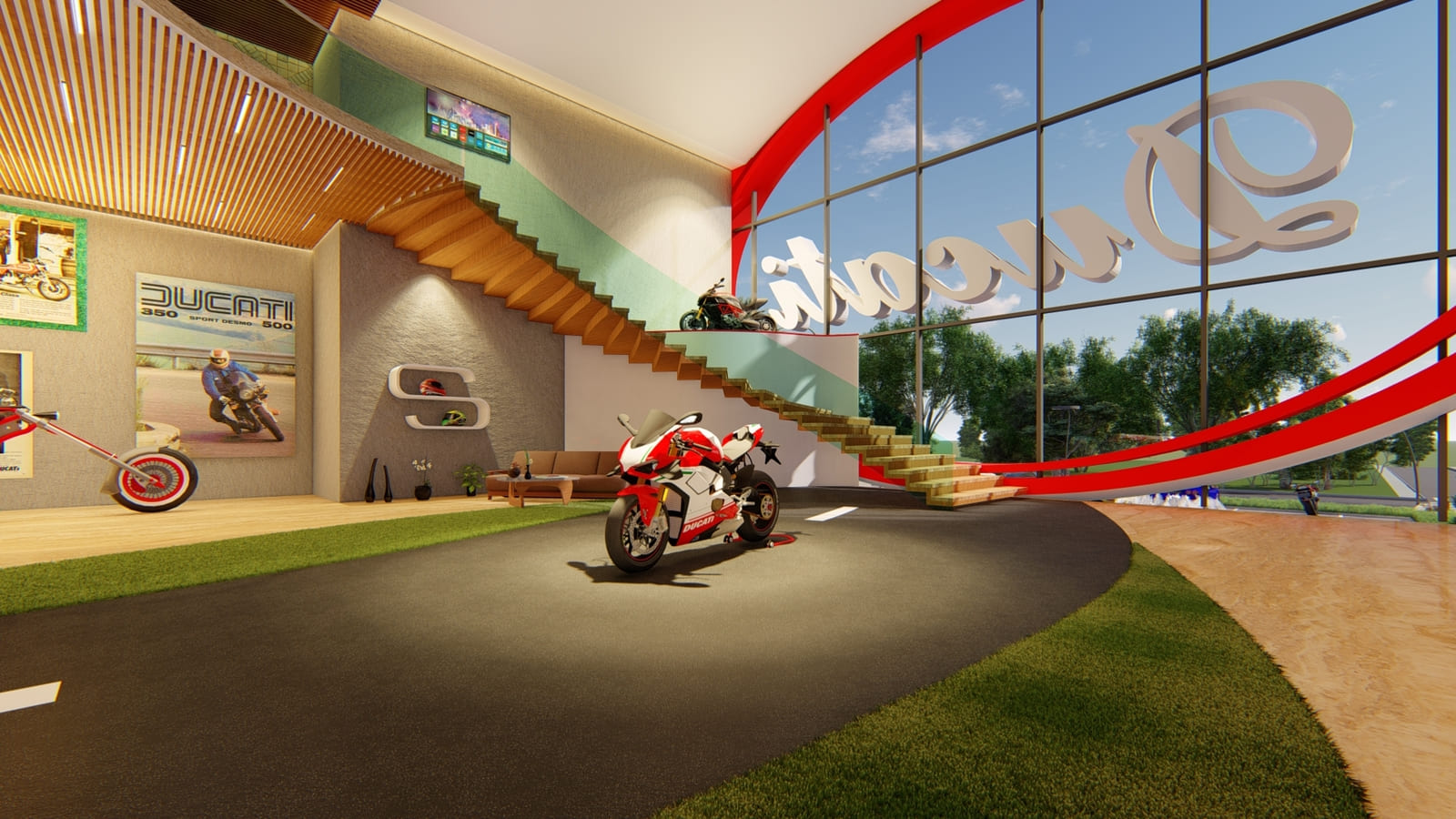 Showroom interior with display ramp and motorcycles