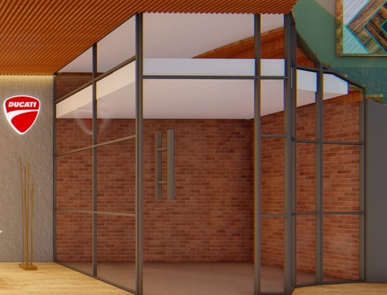 Showroom exterior with brick and glass facade