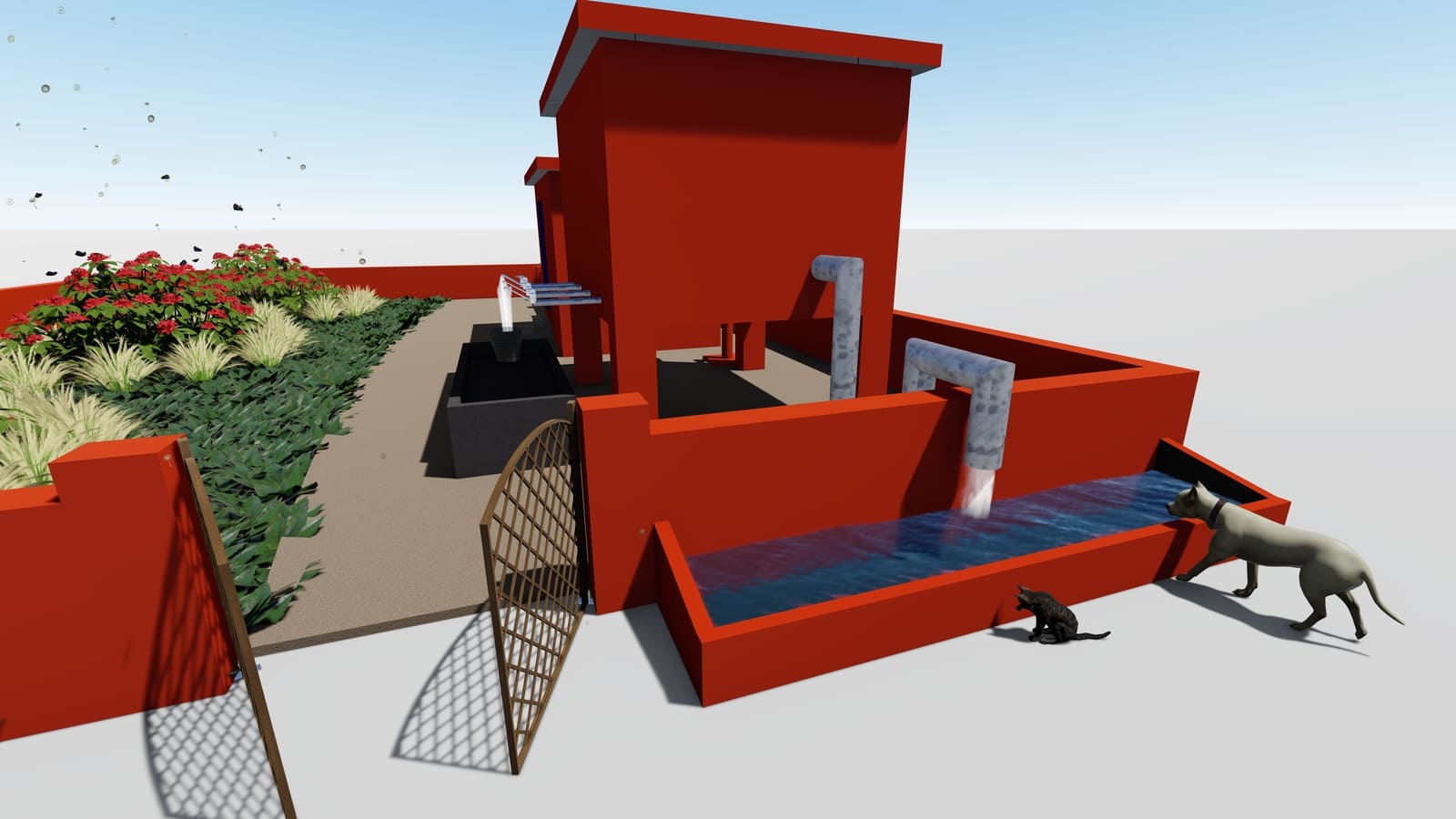 Aerial view of a modular facility with solar arrays and planting beds