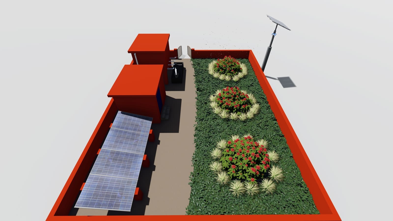 Aerial view of the facility showing planting beds and solar arrays